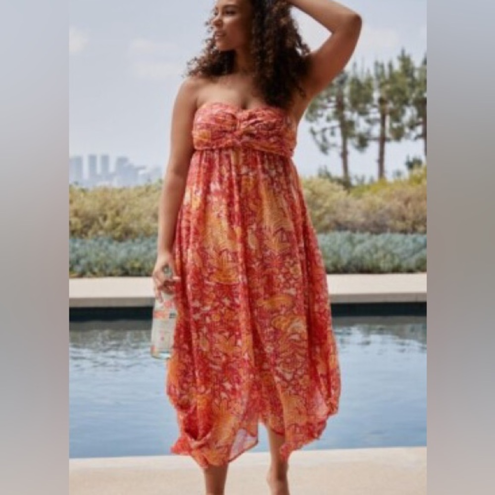 Anthropologie Smocked Strapless Harem Jumpsuit size Large